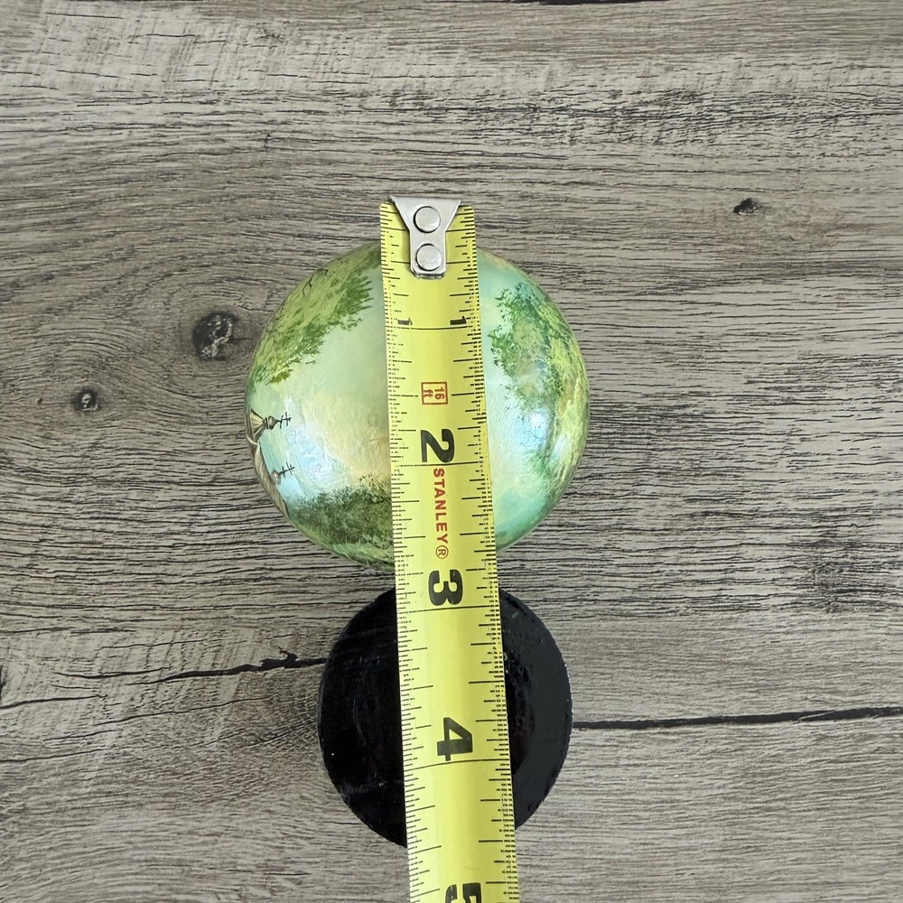 Vtg Russian Hand Painted Sphere Lacquer Wooden Trinket Cabin Forest Green Signed - Picture 10 of 12